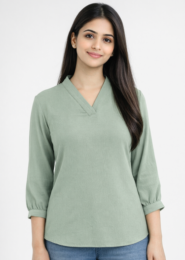 Golden olive V-neck top for women in textured fabric