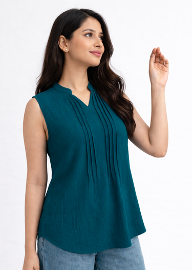 Ink blue sleeveless mandarin collar top for women